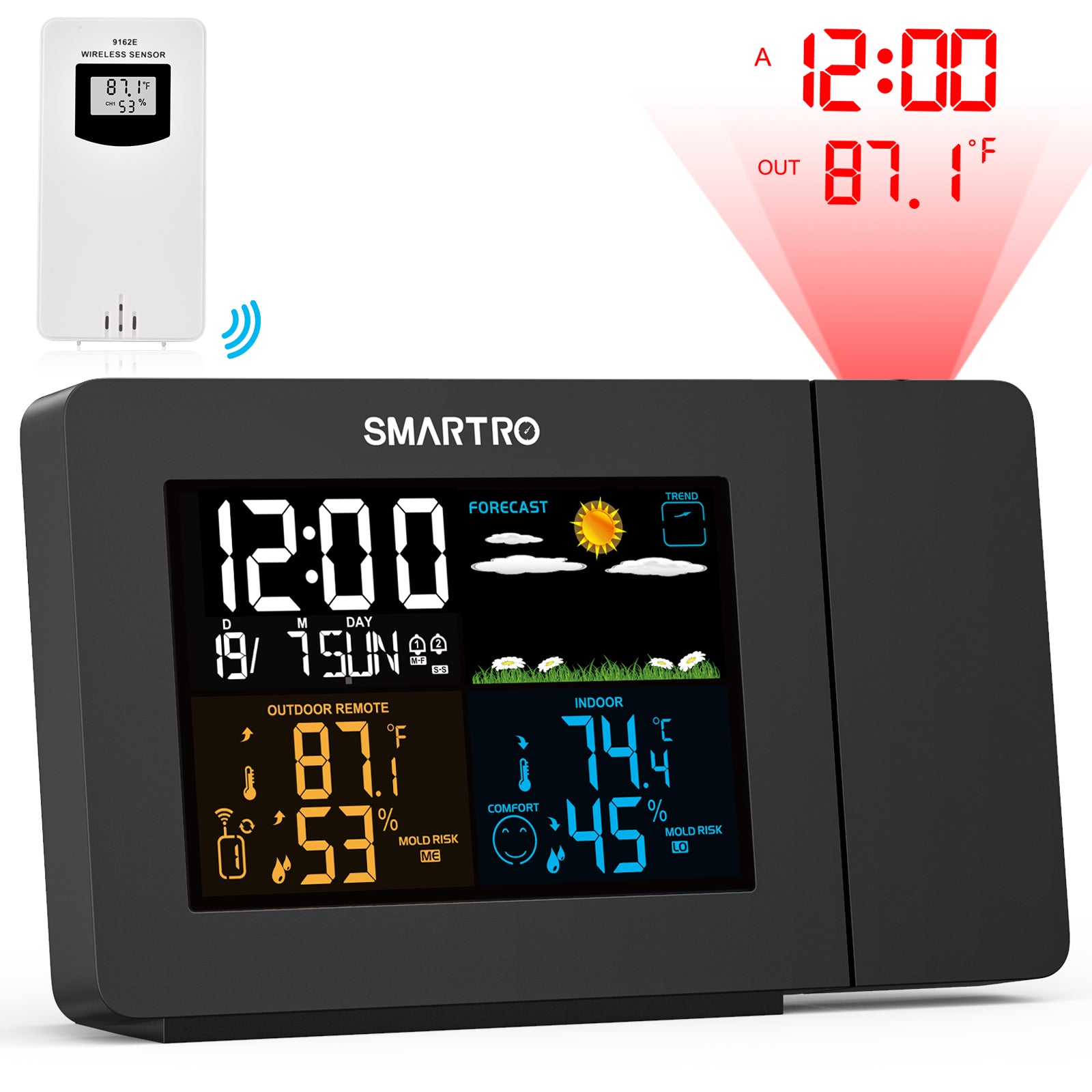 SMARTRO SC31B Digital Projection Alarm Clock with Indoor Outdoor Thermometer,  Black 