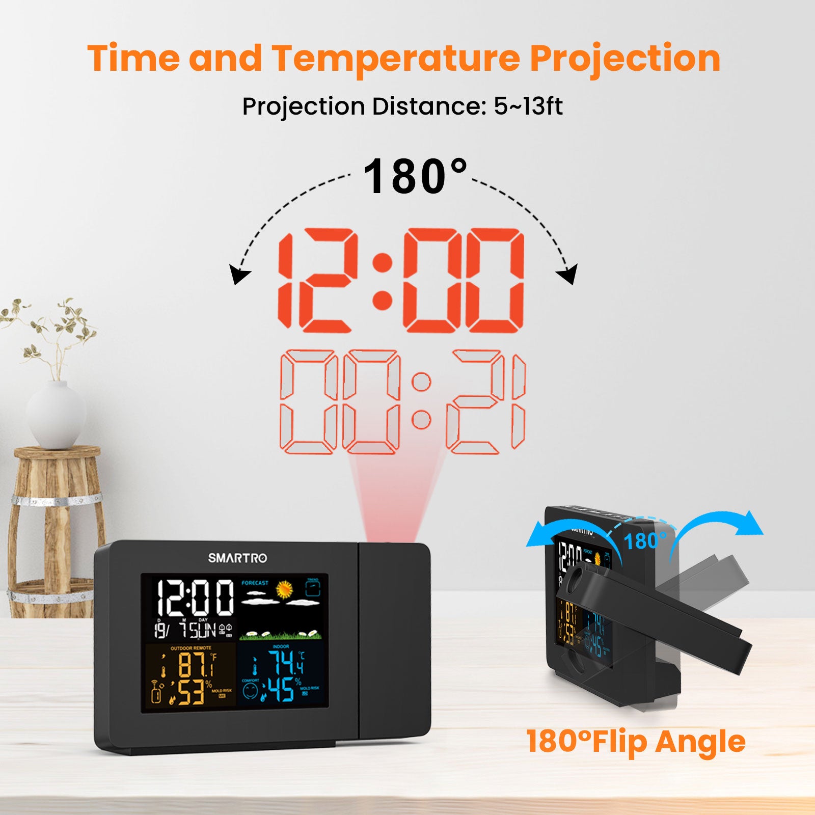 Smartro SC31 Projection Alarm Clock Digital Clock with Indoor Thermometer Hygrometer, USB Charger, Dual Alarm Clocks for Bedroom