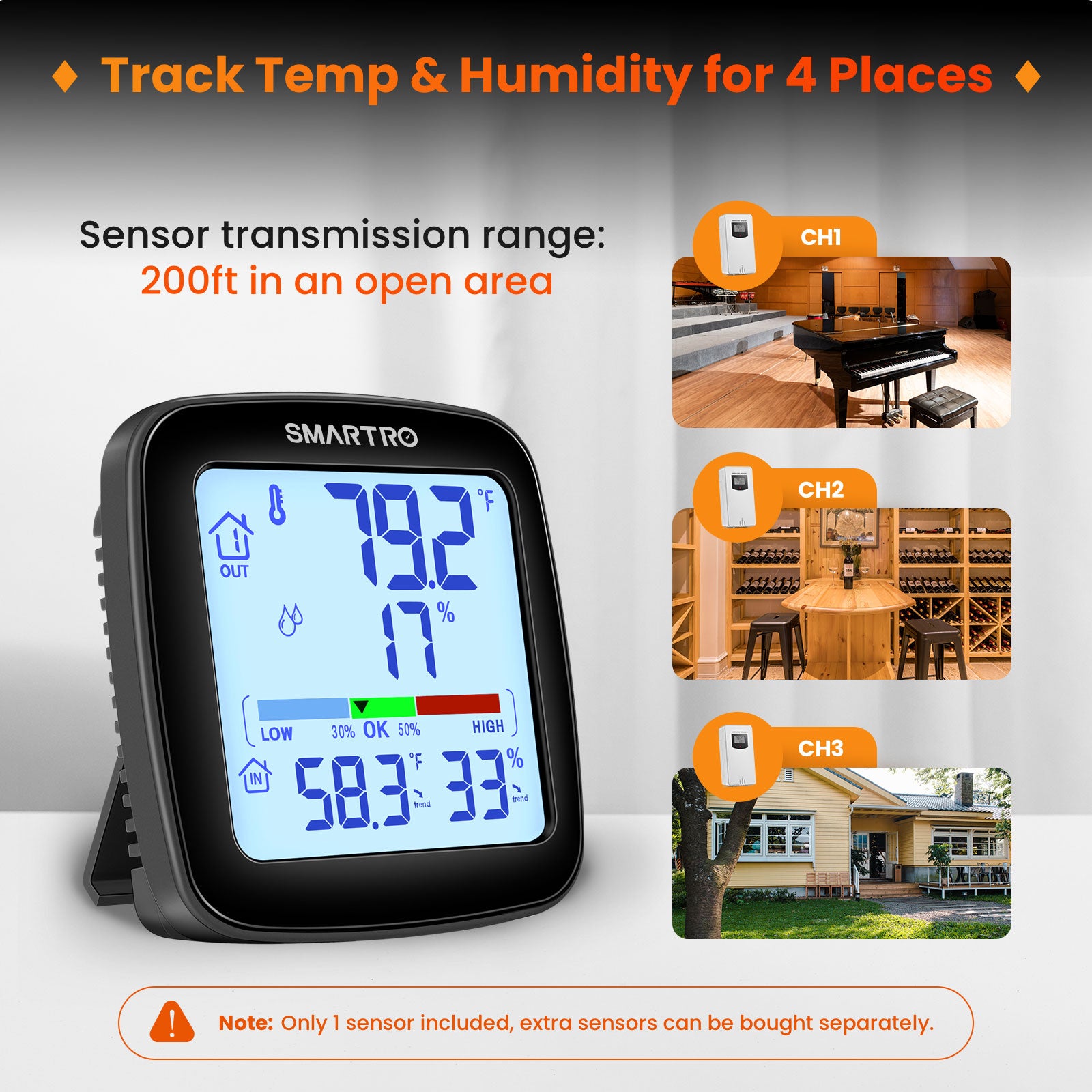 SMARTRO SC92 Professional Indoor Outdoor Thermometer Wireless Digital ...